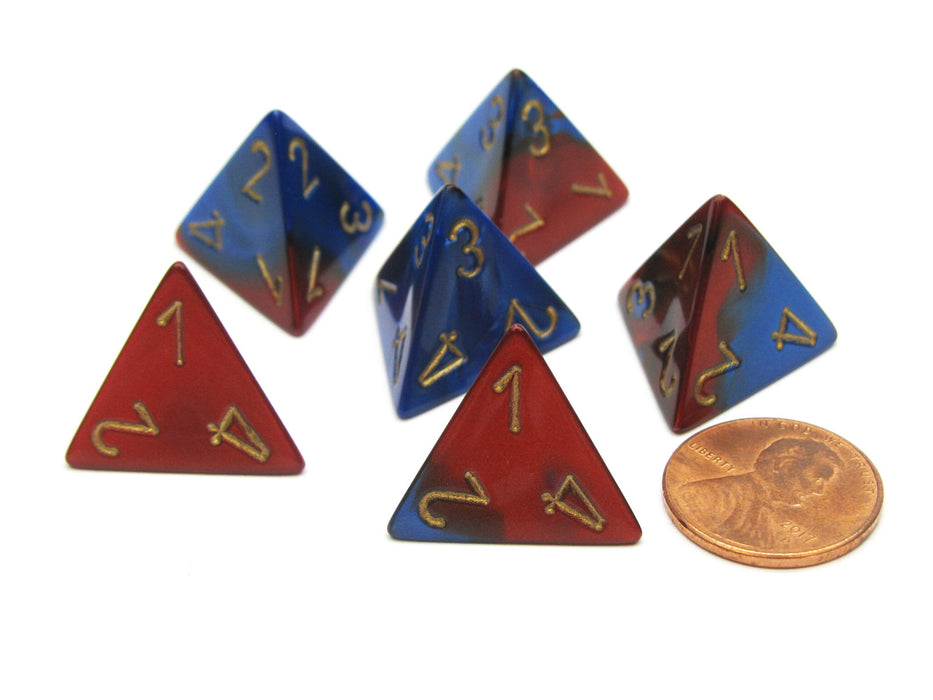 Gemini 18mm 4 Sided D4 Chessex Dice, 6 Pieces - Blue-Red with Gold