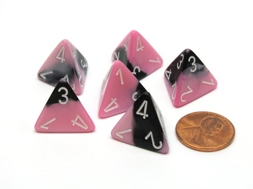 Gemini 18mm 4 Sided D4 Chessex Dice, 6 Pieces - Black-Pink with White