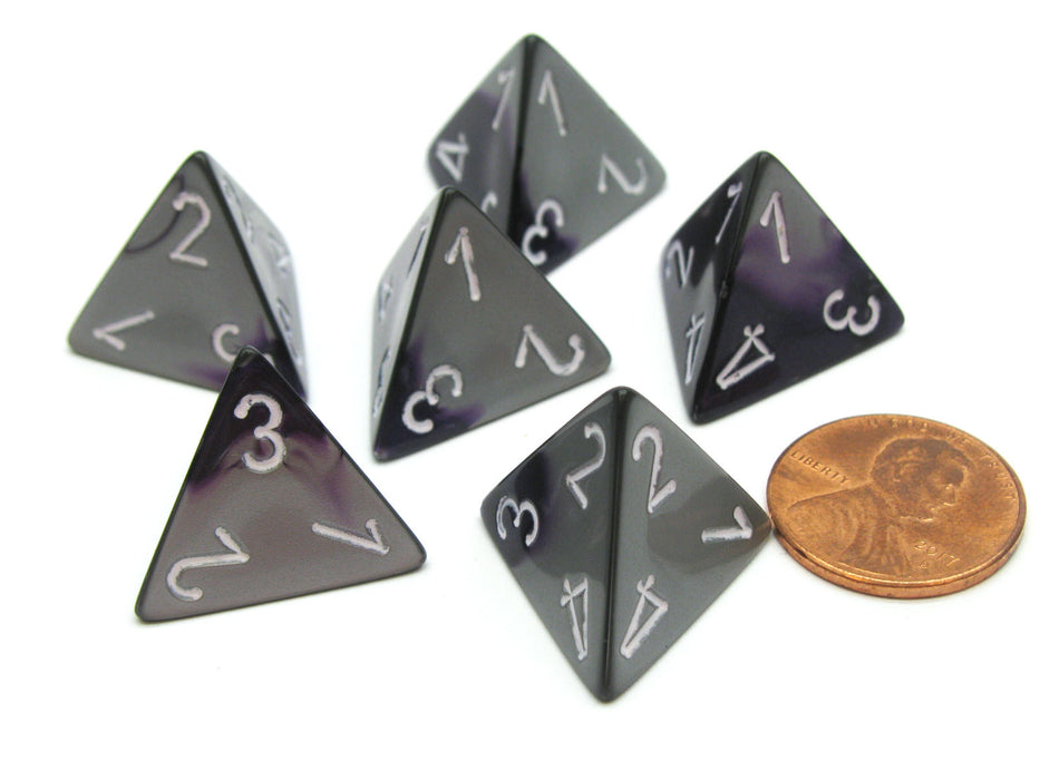Gemini 18mm 4 Sided D4 Chessex Dice, 6 Pieces - Purple-Steel with White