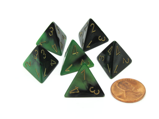 Gemini 18mm 4 Sided D4 Chessex Dice, 6 Pieces - Black-Green with Gold