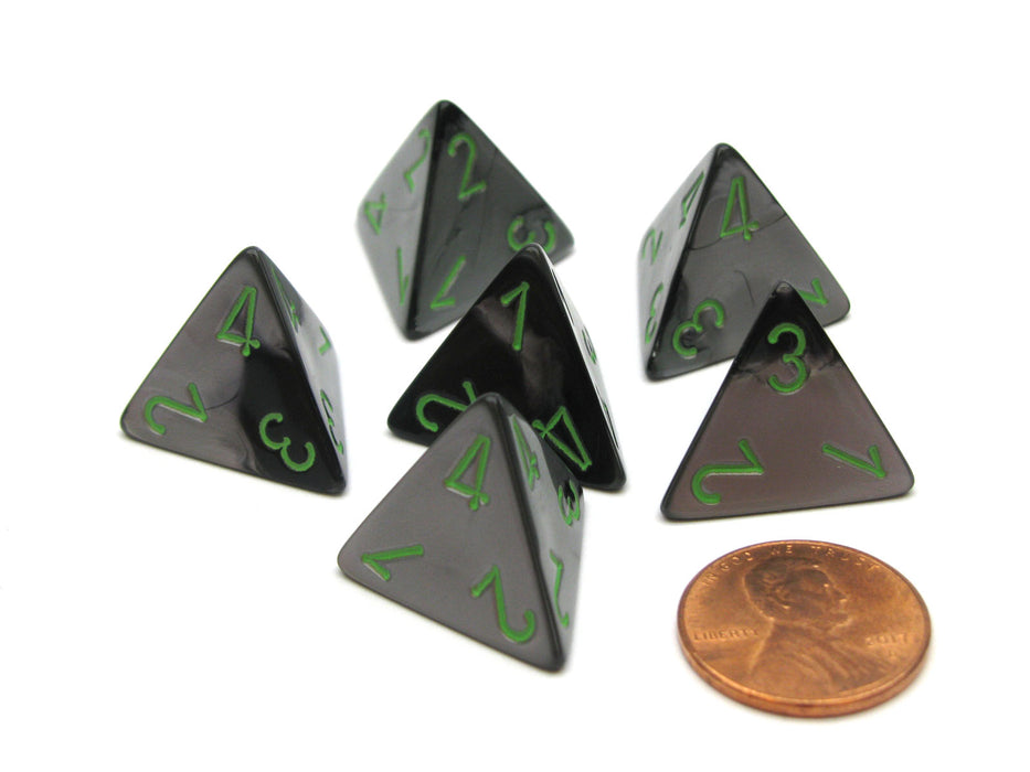 Gemini 18mm 4 Sided D4 Chessex Dice, 6 Pieces - Black-Grey with Green