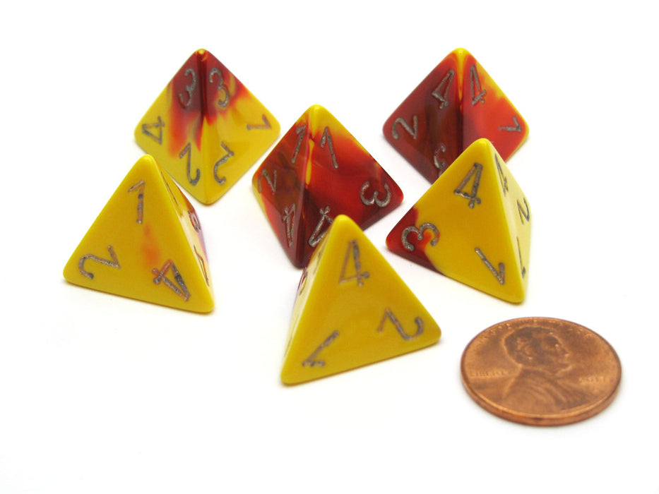 Gemini 18mm 4 Sided D4 Chessex Dice, 6 Pieces - Red-Yellow with Silver