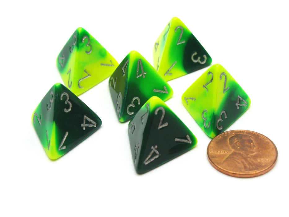 Gemini 18mm 4 Sided D4 Chessex Dice, 6 Pieces - Green-Yellow with Silver