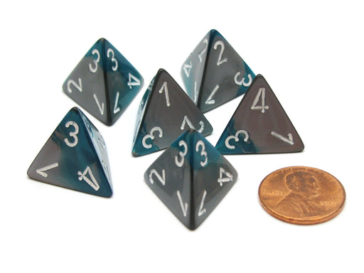 Gemini 18mm 4 Sided D4 Chessex Dice, 6 Pieces - Steel-Teal with White