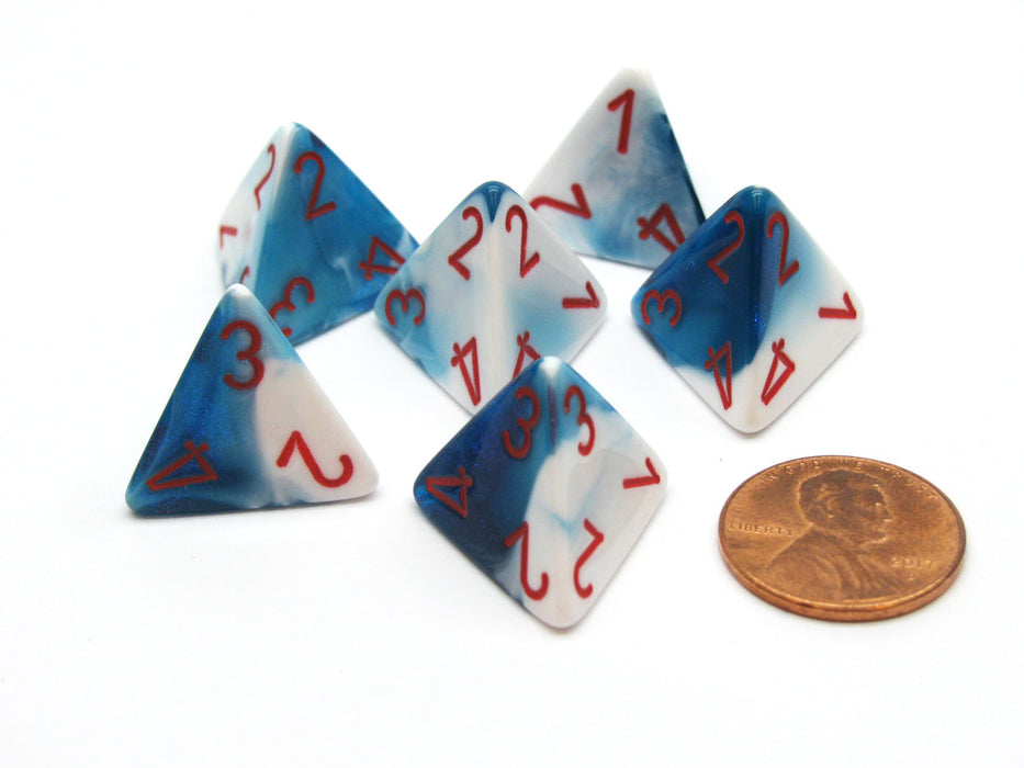 Gemini 18mm 4 Sided D4 Chessex Dice, 6 Pieces - Astral Blue-White with Red