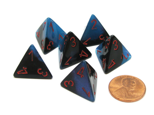 Gemini 18mm 4 Sided D4 Chessex Dice, 6 Pieces - Black-Starlight with Red
