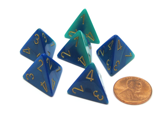 Gemini 18mm 4 Sided D4 Chessex Dice, 6 Pieces - Blue-Teal with Gold