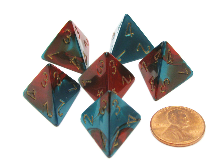 Gemini 18mm 4 Sided D4 Chessex Dice, 6 Pieces - Red-Teal with Gold