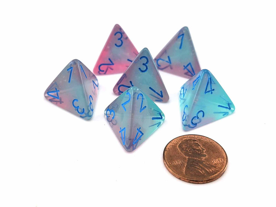 Luminary Gemini 18mm 4 Sided D4 Dice, 6 Pieces - Gel Green-Pink with Blue