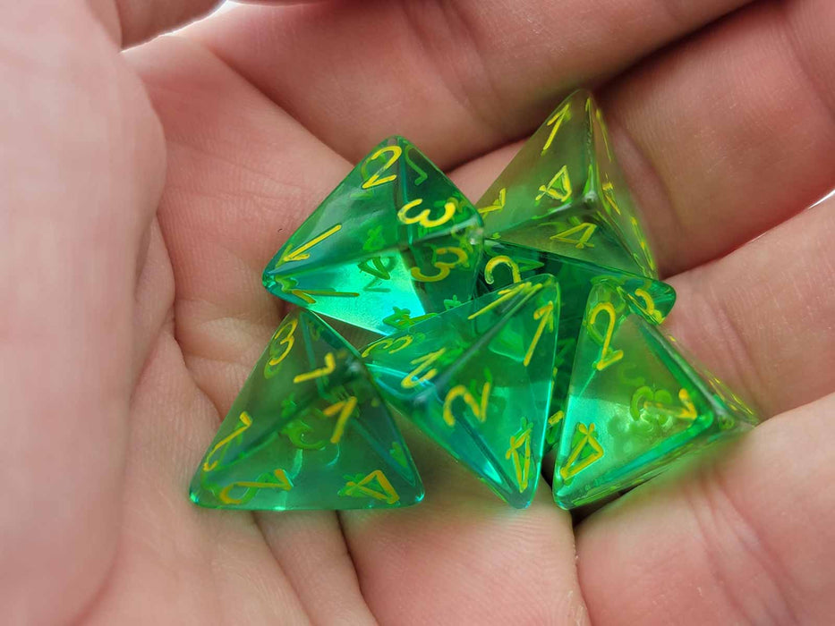 Gemini 18mm 4 Sided D4 Dice, 6 Pieces - Translucent Green-Teal with Yellow