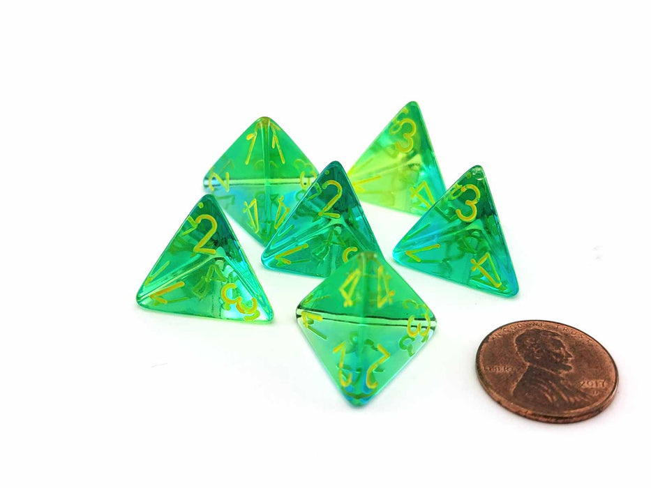 Gemini 18mm 4 Sided D4 Dice, 6 Pieces - Translucent Green-Teal with Yellow