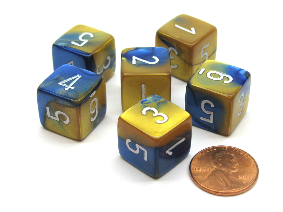 Gemini 15mm 6-Sided D6 Numbered Chessex Dice, 6 Pieces - Blue-Gold with White