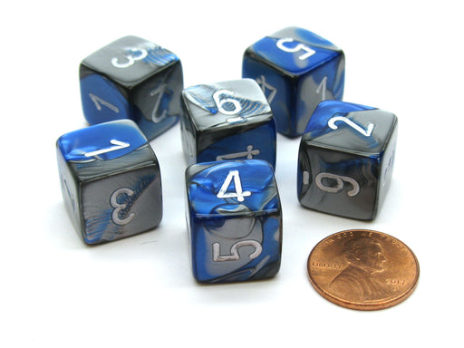 Gemini 15mm 6-Sided D6 Numbered Chessex Dice, 6 Pieces - Blue-Steel with White