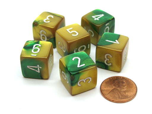 Gemini 15mm 6-Sided D6 Numbered Chessex Dice, 6 Pieces - Gold-Green with White