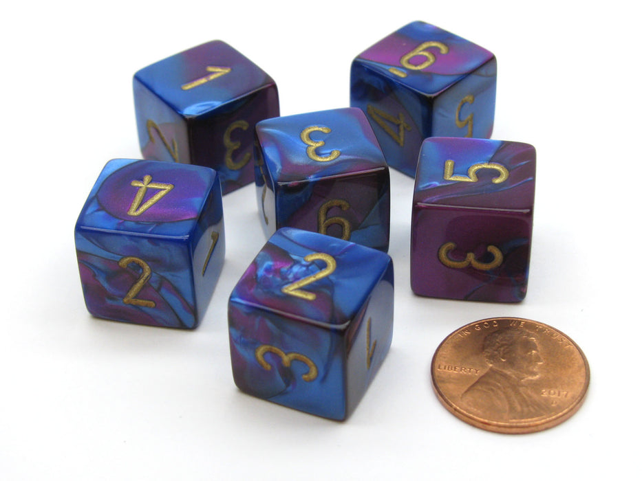 Gemini 15mm 6-Sided D6 Numbered Chessex Dice, 6 Pieces - Blue-Purple with Gold