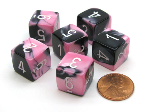 Gemini 15mm 6-Sided D6 Numbered Chessex Dice, 6 Pieces - Black-Pink with White