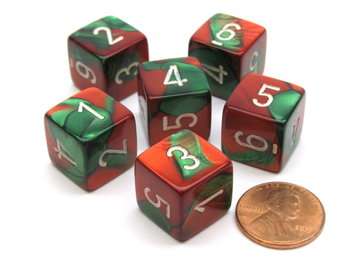 Gemini 15mm 6-Sided D6 Numbered Chessex Dice, 6 Pieces - Green-Red with White