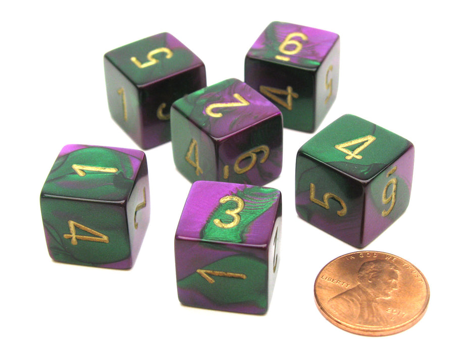 Gemini 15mm 6-Sided D6 Numbered Chessex Dice, 6 Pieces - Green-Purple with Gold