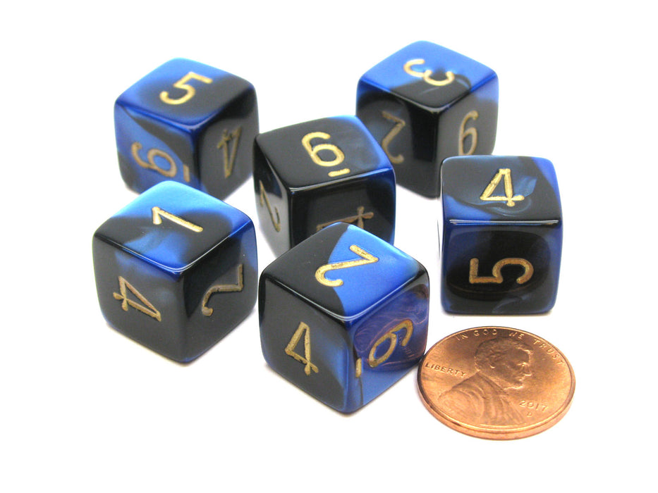 Gemini 15mm 6-Sided D6 Numbered Chessex Dice, 6 Pieces - Black-Blue with Gold