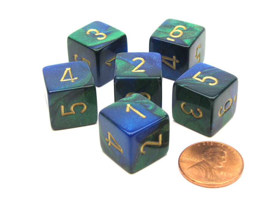Gemini 15mm 6-Sided D6 Numbered Chessex Dice, 6 Pieces - Blue-Green with Gold