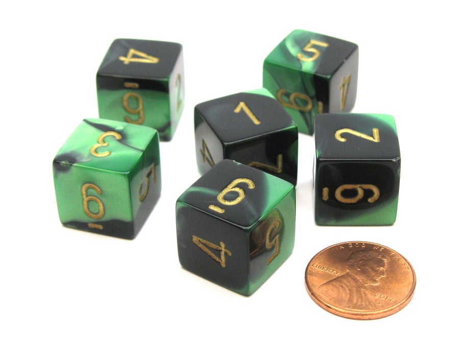 Gemini 15mm 6-Sided D6 Numbered Chessex Dice, 6 Pieces - Black-Green with Gold