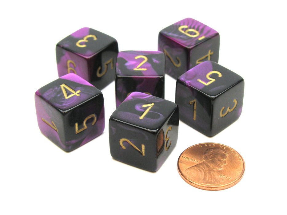 Gemini 15mm 6-Sided D6 Numbered Chessex Dice, 6 Pieces - Black-Purple with Gold