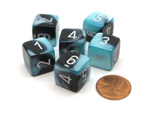 Gemini 15mm 6-Sided D6 Numbered Chessex Dice, 6 Pieces - Black-Shell with White
