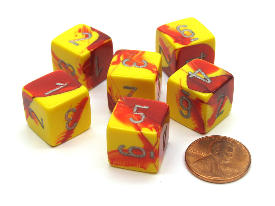 Gemini 15mm 6-Sided D6 Numbered Chessex Dice, 6 Pieces - Red-Yellow with Silver