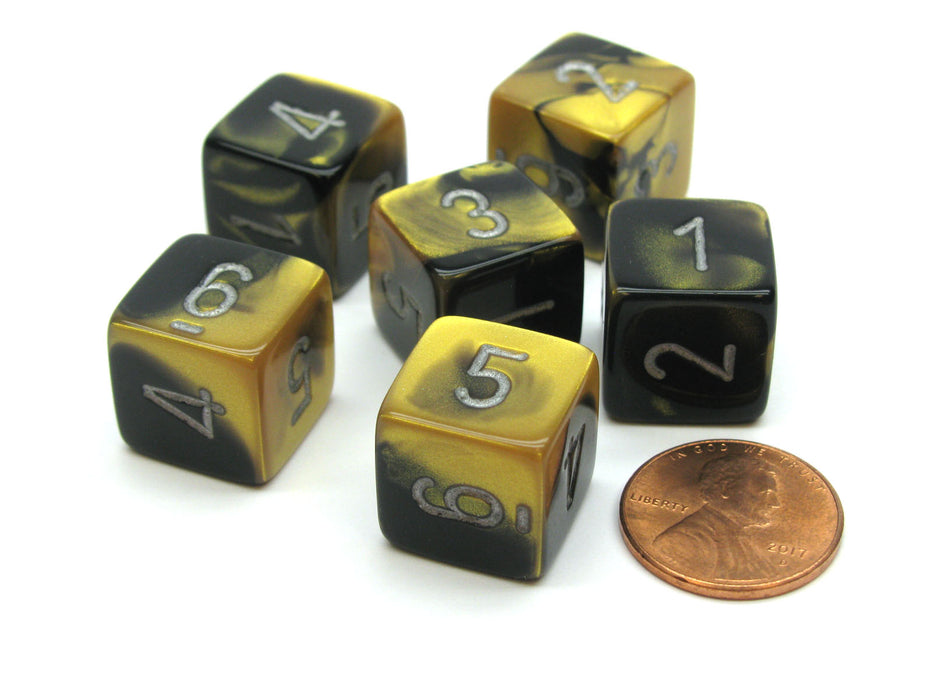 Gemini 15mm 6-Sided D6 Numbered Chessex Dice, 6 Pieces - Black-Gold with Silver