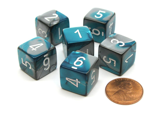 Gemini 15mm 6-Sided D6 Numbered Chessex Dice, 6 Pieces - Steel-Teal with White
