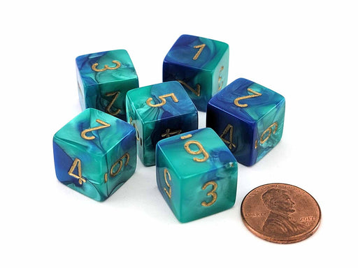 Gemini 15mm 6-Sided D6 Numbered Dice, 6 Pieces - Blue-Teal with Gold Numbers