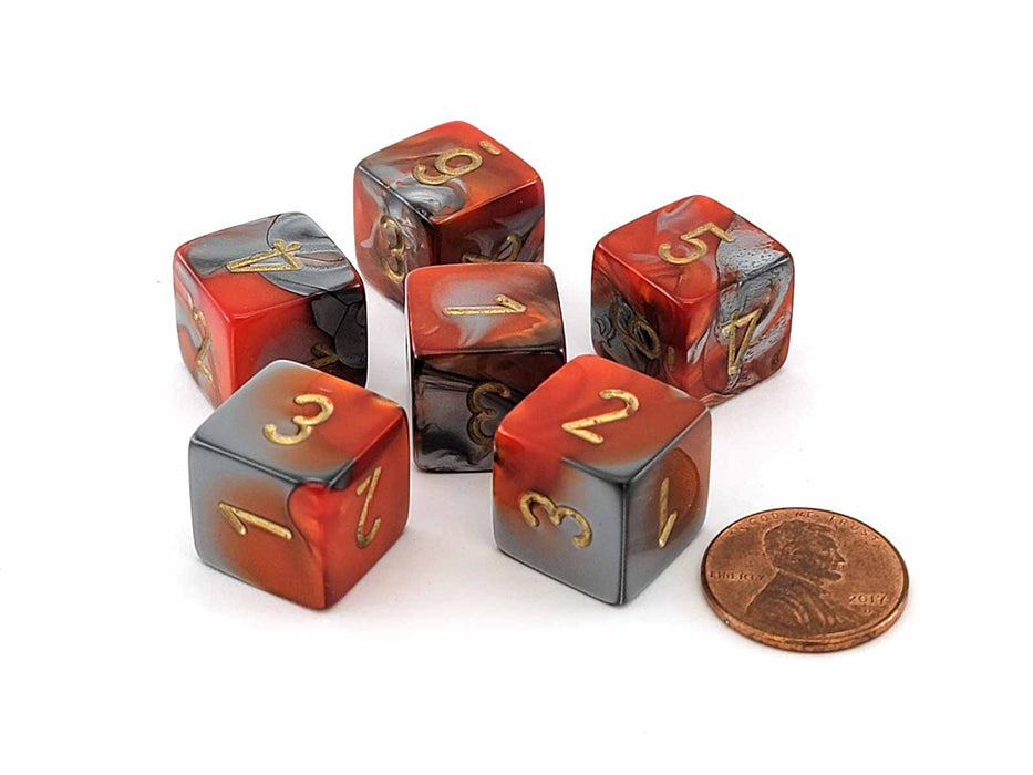 Gemini 15mm D6 Chessex Dice, 6 Pieces - Orange-Steel with Gold Numbers