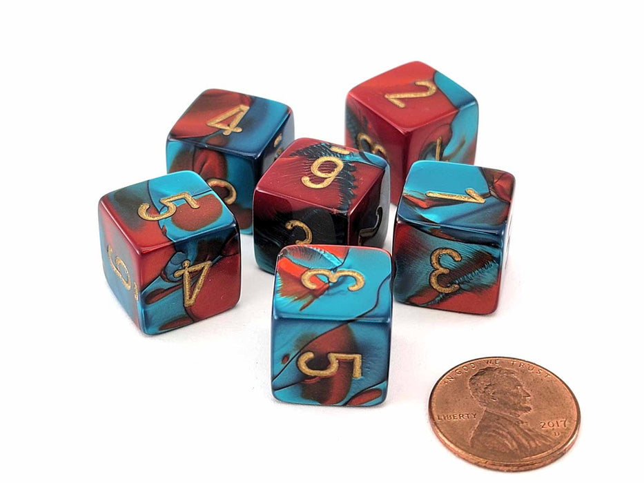 Gemini 15mm 6-Sided D6 Numbered Dice, 6 Pieces - Red-Teal with Gold Numbers