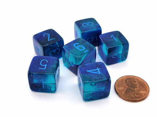 Luminary Gemini 15mm D6 Dice, 6 Pieces - Blue-Blue with Light Blue Numbers