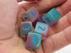 Luminary Gemini 15mm D6 Dice, 6 Pieces - Gel Green-Pink with Blue Numbers