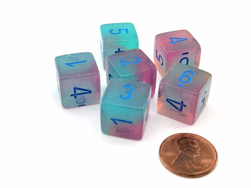 Luminary Gemini 15mm D6 Dice, 6 Pieces - Gel Green-Pink with Blue Numbers