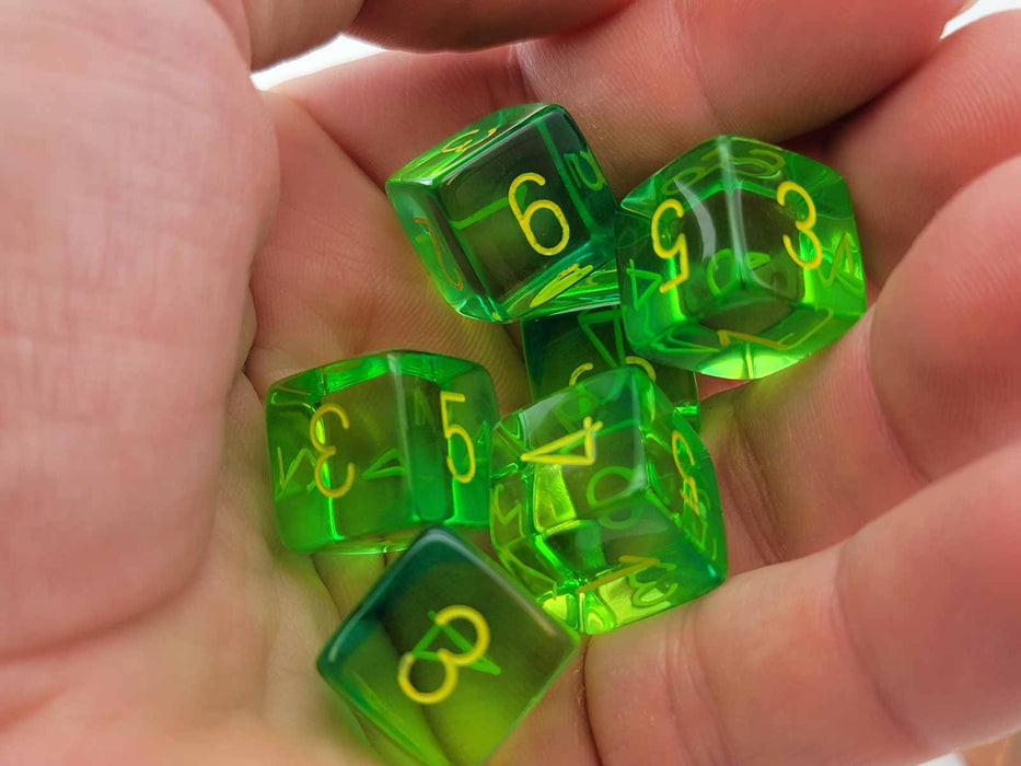 Gemini 15mm D6 Dice, 6 Pieces - Translucent Green-Teal with Yellow Numbers