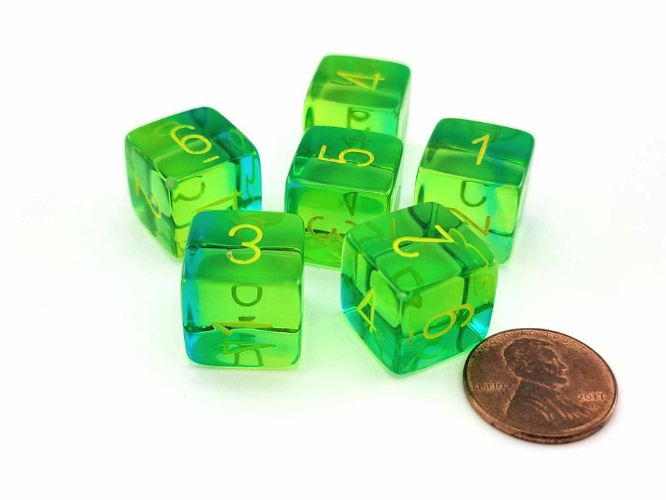 Gemini 15mm D6 Dice, 6 Pieces - Translucent Green-Teal with Yellow Numbers