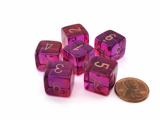 Gemini 15mm D6 Dice, 6 Pieces - Translucent Red-Violet with Gold Numbers