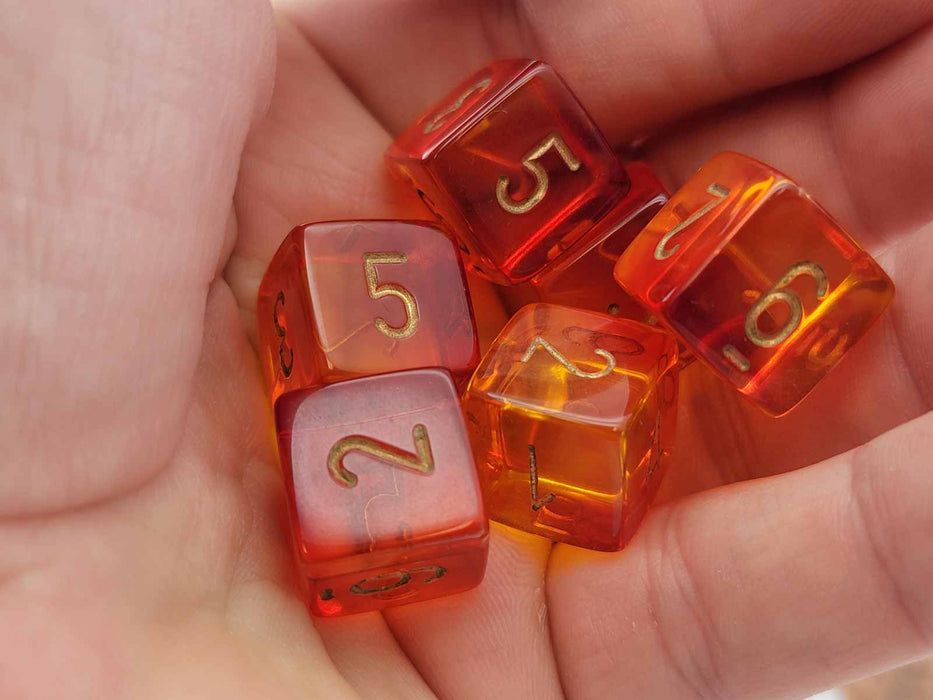 Gemini 15mm D6 Dice, 6 Pieces - Translucent Red-Yellow with Gold Numbers