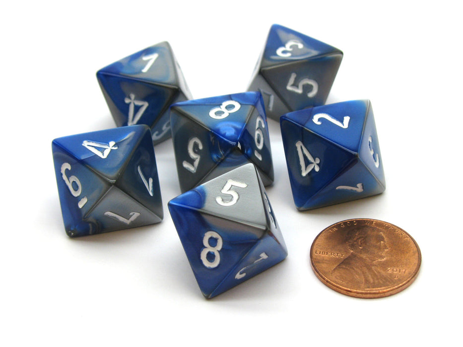 Gemini 15mm 8 Sided D8 Chessex Dice, 6 Pieces - Blue-Steel with White