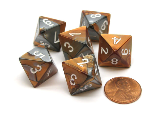 Gemini 15mm 8 Sided D8 Chessex Dice, 6 Pieces - Copper-Steel with White