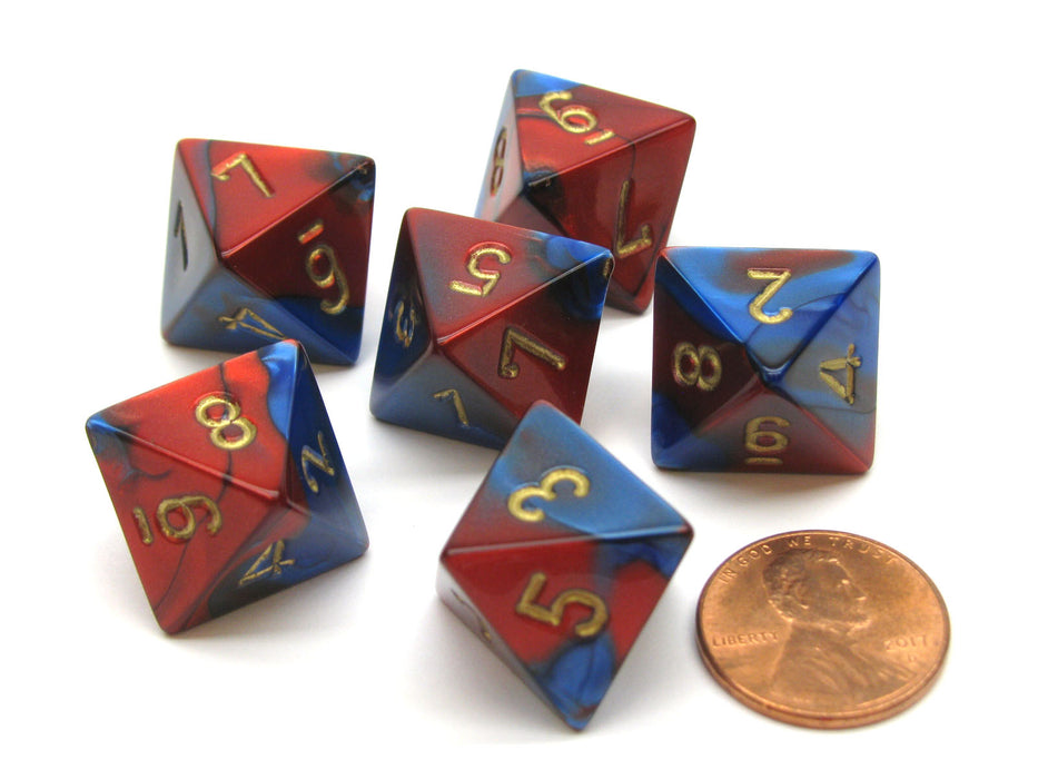 Gemini 15mm 8 Sided D8 Chessex Dice, 6 Pieces - Blue-Red with Gold