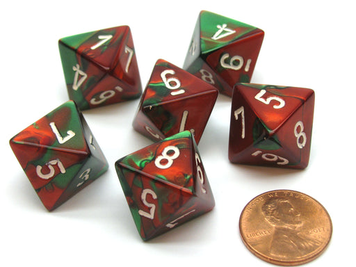 Gemini 15mm 8 Sided D8 Chessex Dice, 6 Pieces - Green-Red with White