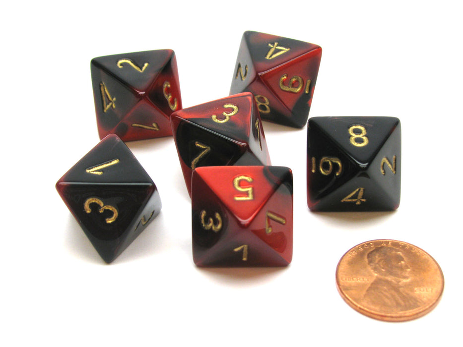 Gemini 15mm 8 Sided D8 Chessex Dice, 6 Pieces - Black-Red with Gold