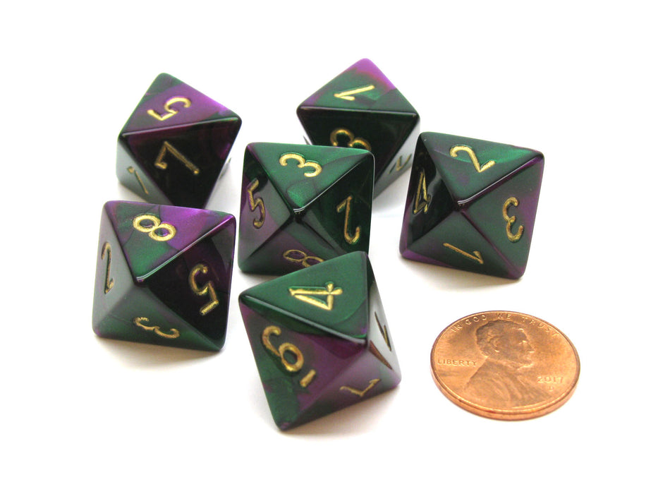 Gemini 15mm 8 Sided D8 Chessex Dice, 6 Pieces - Green-Purple with Gold