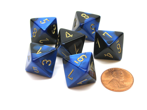 Gemini 15mm 8 Sided D8 Chessex Dice, 6 Pieces - Black-Blue with Gold
