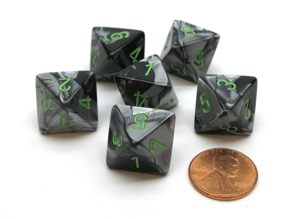 Gemini 15mm 8 Sided D8 Chessex Dice, 6 Pieces - Black-Grey with Green