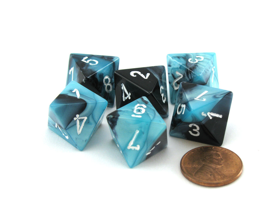 Gemini 15mm 8 Sided D8 Chessex Dice, 6 Pieces - Black-Shell with White