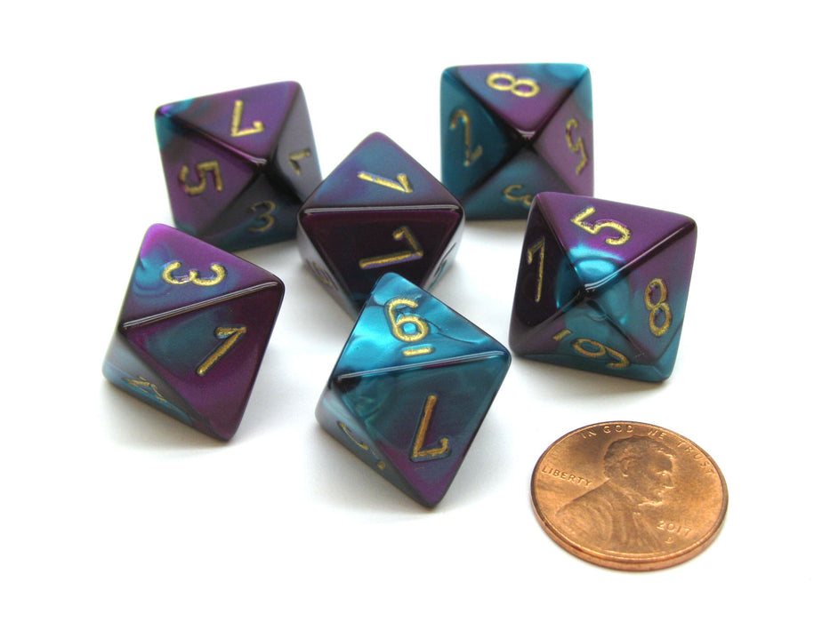 Gemini 15mm 8 Sided D8 Chessex Dice, 6 Pieces - Purple-Teal with Gold